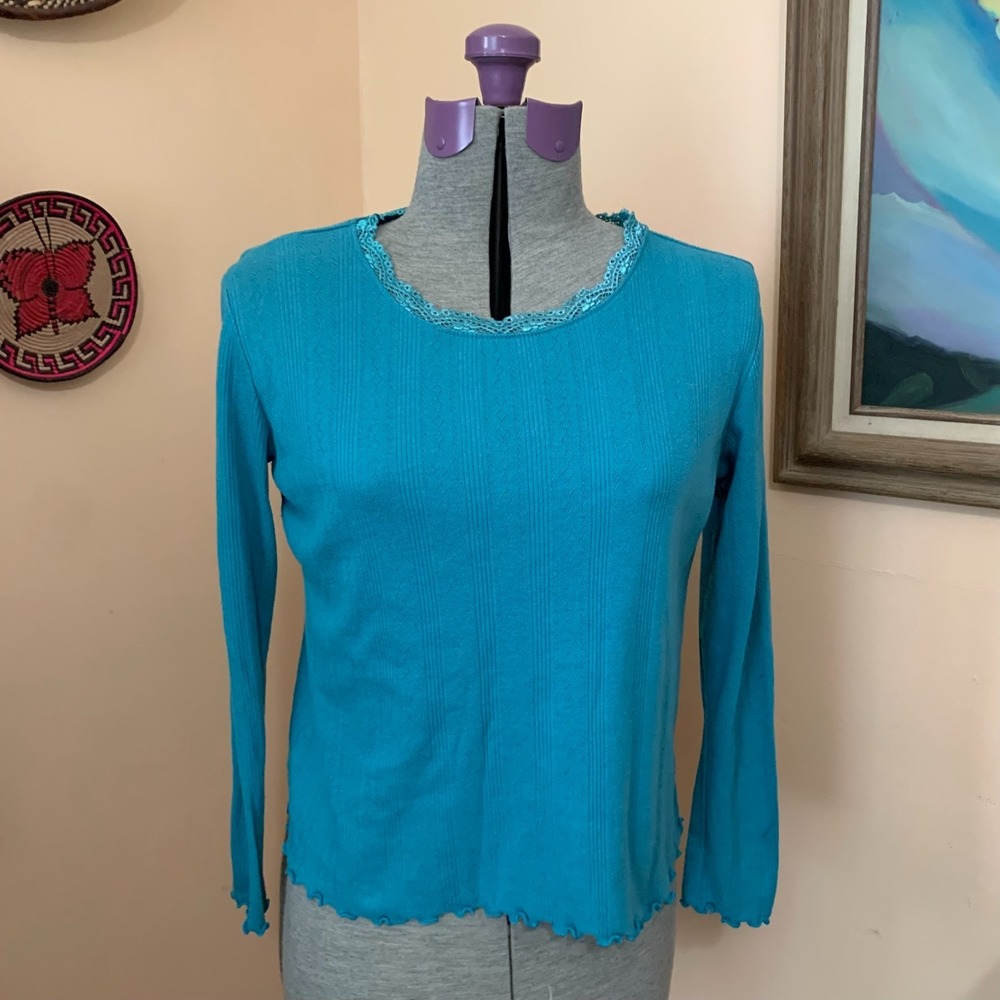 Thereabouts Girls Teal Blue Ribbed Pointelle Lace Trim Top L 14